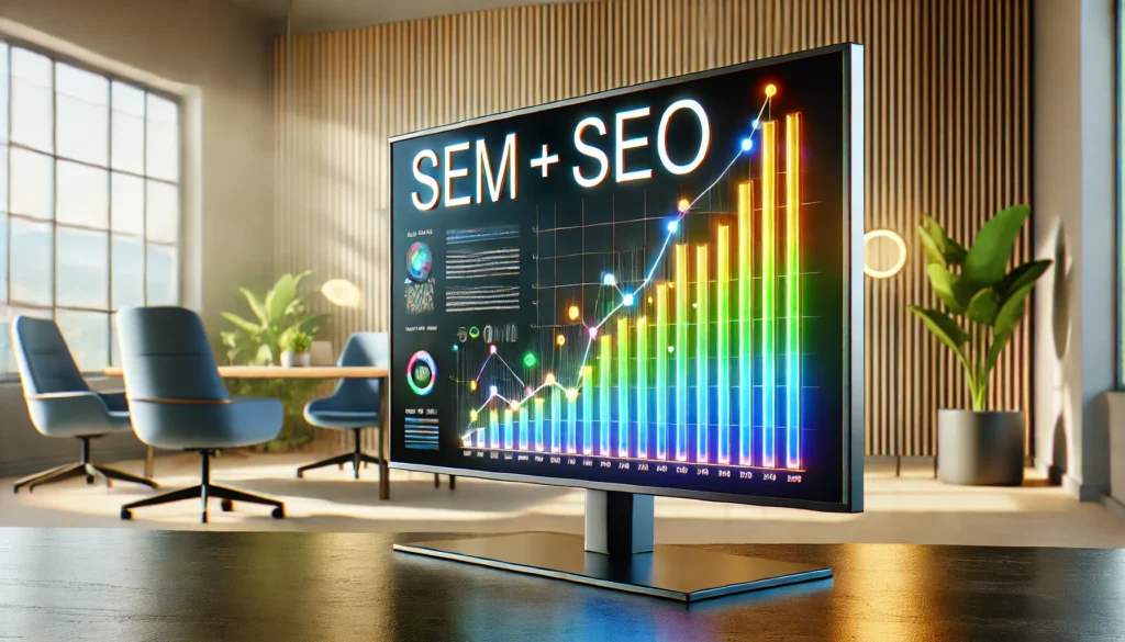 Gráfico ilustrando a integração de SEO e SEM para resultados digitais.